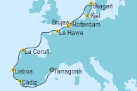 Visitando Tarragona (España), Cádiz (España), Lisboa (Portugal), La Coruña (Galicia/España), Le Havre (Francia), Brujas (Bélgica), Rotterdam (Holanda), Skagen (Dinamarca), Kiel (Alemania)