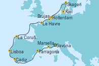 Visitando Savona (Italia), Marsella (Francia), Tarragona (España), Cádiz (España), Lisboa (Portugal), La Coruña (Galicia/España), Le Havre (Francia), Brujas (Bélgica), Rotterdam (Holanda), Skagen (Dinamarca), Kiel (Alemania)