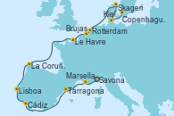 Visitando Savona (Italia), Marsella (Francia), Tarragona (España), Cádiz (España), Lisboa (Portugal), La Coruña (Galicia/España), Le Havre (Francia), Brujas (Bélgica), Rotterdam (Holanda), Skagen (Dinamarca), Kiel (Alemania), Copenhague (Dinamarca)
