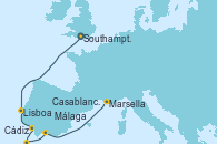 Visitando Southampton (Inglaterra), Lisboa (Portugal), Cádiz (España), Casablanca (Marruecos), Málaga, Marsella (Francia)