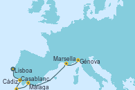 Visitando Lisboa (Portugal), Cádiz (España), Casablanca (Marruecos), Málaga, Marsella (Francia), Génova (Italia)