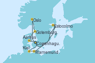 Visitando Copenhague (Dinamarca), Oslo (Noruega), Gotemburgo (Suecia), Aarhus (Dinamarca), Estocolmo (Suecia), Warnemunde (Alemania), Kiel (Alemania), Copenhague (Dinamarca)