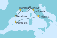 Visitando Génova (Italia), La Spezia, Florencia y Pisa (Italia), Civitavecchia (Roma), Palma de Mallorca (España), Barcelona, Marsella (Francia), Génova (Italia)