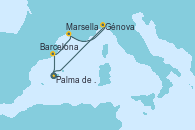 Visitando Palma de Mallorca (España), Barcelona, Marsella (Francia), Génova (Italia), Palma de Mallorca (España)