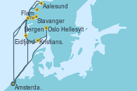 Visitando Ámsterdam (Holanda), Oslo (Noruega), Kristiansand (Noruega), Stavanger (Noruega), Flam (Noruega), Ámsterdam (Holanda), Bergen (Noruega), Hellesylt (Noruega), Aalesund (Noruega), Eidfjord (Hardangerfjord/Noruega), Ámsterdam (Holanda)