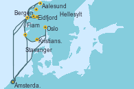 Visitando Ámsterdam (Holanda), Bergen (Noruega), Hellesylt (Noruega), Aalesund (Noruega), Eidfjord (Hardangerfjord/Noruega), Ámsterdam (Holanda), Oslo (Noruega), Kristiansand (Noruega), Stavanger (Noruega), Flam (Noruega), Ámsterdam (Holanda)