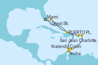 Visitando Miami (Florida/EEUU), PUERTO PLATA, REPUBLICA DOMINICANA, Aruba (Antillas), Colón, Kralendijk (Antillas), Charlotte Amalie (St. Thomas), San Juan (Puerto Rico), Great Stirrup Cay (Bahamas), Miami (Florida/EEUU)