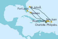 Visitando San Juan (Puerto Rico), Road Town (Isla Tórtola/Islas Vírgenes), St. John´s (Antigua y Barbuda), Philipsburg (St. Maarten), Charlotte Amalie (St. Thomas), Nassau (Bahamas), Fort Lauderdale (Florida/EEUU)
