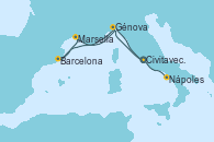 Visitando Civitavecchia (Roma), Génova (Italia), Barcelona, Marsella (Francia), Génova (Italia), Nápoles (Italia)