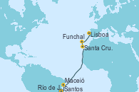 Visitando Santos (Brasil), Río de Janeiro (Brasil), Maceió (Brasil), Santa Cruz de la Palma (España), Funchal (Madeira), Lisboa (Portugal)
