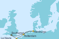 Visitando Southampton (Inglaterra), Hamburgo (Alemania), Rotterdam (Holanda), Le Havre (Francia), Southampton (Inglaterra)