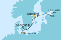 Visitando Copenhague (Dinamarca), Warnemunde (Alemania), Estocolmo (Suecia), Tallin (Estonia), San Petersburgo (Rusia), Copenhague (Dinamarca)