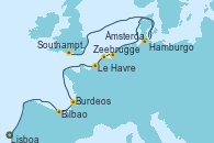 Visitando Lisboa (Portugal), Bilbao (España), Burdeos (Francia), Le Havre (Francia), Zeebrugge (Bruselas), Ámsterdam (Holanda), Hamburgo (Alemania), Hamburgo (Alemania), Southampton (Inglaterra)