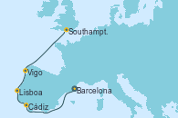 Visitando Barcelona, Cádiz (España), Lisboa (Portugal), Vigo (España), Southampton (Inglaterra)