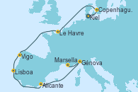 Visitando Kiel (Alemania), Copenhague (Dinamarca), Le Havre (Francia), Vigo (España), Lisboa (Portugal), Alicante (España), Génova (Italia), Marsella (Francia)