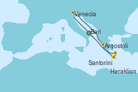 Visitando Bari (Italia), Venecia (Italia), Argostoli (Grecia), Santorini (Grecia), Heraklion (Creta), Bari (Italia)
