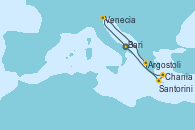 Visitando Bari (Italia), Venecia (Italia), Argostoli (Grecia), Santorini (Grecia), Chania (Creta/Grecia), Bari (Italia)
