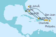 Visitando Miami (Florida/EEUU), PUERTO PLATA, REPUBLICA DOMINICANA, Charlotte Amalie (St. Thomas), St. John´s (Antigua y Barbuda), Philipsburg (St. Maarten), San Juan (Puerto Rico), Great Stirrup Cay (Bahamas), Miami (Florida/EEUU)