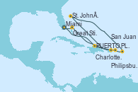 Visitando Miami (Florida/EEUU), Puerto Plata, Republica Dominicana, Charlotte Amalie (St. Thomas), St. John´s (Antigua y Barbuda), Philipsburg (St. Maarten), San Juan (Puerto Rico), Great Stirrup Cay (Bahamas), Miami (Florida/EEUU)