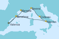 Visitando Valencia, Marsella (Francia), Savona (Italia), Civitavecchia (Roma), Nápoles (Italia), Barcelona, Valencia