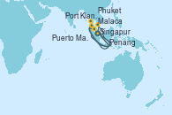 Visitando Singapur, Phuket (Tailandia), Phuket (Tailandia), Port Blair (Islas Andamán/India), Puerto Malai (Langkawi/Malasia), Penang (Malasia), Malaca (Malasia), Port Klang (Malasia), Singapur
