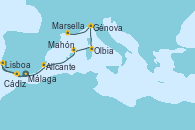 Visitando Málaga, Cádiz (España), Lisboa (Portugal), Alicante (España), Mahón (Menorca/España), Olbia (Cerdeña), Génova (Italia), Marsella (Francia)