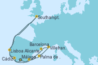 Visitando Málaga, Alicante (España), Palma de Mallorca (España), Palma de Mallorca (España), Villefranche (Niza/Mónaco/Francia), Barcelona, Lisboa (Portugal), Southampton (Inglaterra), Cádiz (España), Málaga