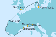 Visitando Génova (Italia), Marsella (Francia), Barcelona, La Coruña (Galicia/España), Southampton (Inglaterra), Warnemunde (Alemania)