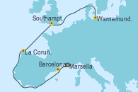 Visitando Marsella (Francia), Barcelona, La Coruña (Galicia/España), Southampton (Inglaterra), Warnemunde (Alemania)