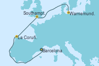 Visitando Barcelona, La Coruña (Galicia/España), Southampton (Inglaterra), Warnemunde (Alemania)