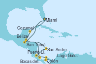 Visitando Miami (Florida/EEUU), Cozumel (México), Belize (Caribe), San Andres (Colombia), Puerto Limón (Costa Rica), Bocas del Toro (Panamá), Lago Gatun (Panamá), Colón (Panamá), San Tomás de Castilla (Guatemala), Miami (Florida/EEUU)