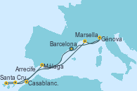 Visitando Barcelona, Casablanca (Marruecos), Santa Cruz de Tenerife (España), Arrecife (Lanzarote/España), Málaga, Marsella (Francia), Génova (Italia), Barcelona