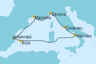 Visitando Valencia, Marsella (Francia), Savona (Italia), Civitavecchia (Roma), Nápoles (Italia), Ibiza (España), Valencia