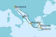 Visitando Bari (Italia), Marghera (Venecia/Italia), Mykonos (Grecia), Mykonos (Grecia), Santorini (Grecia), Argostoli (Grecia), Bari (Italia)