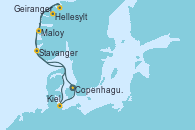 Visitando Copenhague (Dinamarca), Hellesylt (Noruega), Geiranger (Noruega), Maloy (Noruega), Stavanger (Noruega), Kiel (Alemania), Copenhague (Dinamarca)