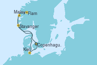 Visitando Copenhague (Dinamarca), Flam (Noruega), Maloy (Noruega), Stavanger (Noruega), Kiel (Alemania), Copenhague (Dinamarca)