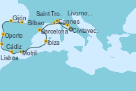 Visitando Civitavecchia (Roma), Cannes (Francia), Livorno, Pisa y Florencia (Italia), Saint Tropez (Francia), Barcelona, Ibiza (España), Motril (Granada/Andalucía), Cádiz (España), Lisboa (Portugal), Oporto (Portugal), Gijón (Asturias/España), Bilbao (España)