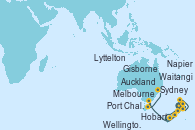 Visitando Auckland (Nueva Zelanda), Waitangi (Islas Bay/Nueva Zelanda), Gisborne (Nueva Zelanda), Napier (Nueva Zelanda), Wellington (Nueva Zelanda), Lyttelton (Nueva Zelanda), Port Chalmers (Nueva Zelanda), Melbourne (Australia), Hobart (Australia), Sydney (Australia)