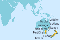 Visitando Auckland (Nueva Zelanda), Tauranga (Nueva Zelanda), Napier (Nueva Zelanda), Lyttelton (Nueva Zelanda), Timaru (Nueva Zelanda), Port Chalmers (Nueva Zelanda), Hobart (Australia), Melbourne (Australia), Sydney (Australia)