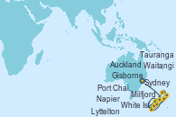 Visitando Sydney (Australia), Milfjord Sound (Nueva Zelanda), Port Chalmers (Nueva Zelanda), Lyttelton (Nueva Zelanda), Napier (Nueva Zelanda), Gisborne (Nueva Zelanda), Tauranga (Nueva Zelanda), White Island (Nueva Zelanda), Waitangi (Islas Bay/Nueva Zelanda), Waitangi (Islas Bay/Nueva Zelanda), Auckland (Nueva Zelanda)