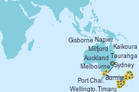 Visitando Sydney (Australia), Melbourne (Australia), Burnie (Tasmania/Australia), Milfjord Sound (Nueva Zelanda), Port Chalmers (Nueva Zelanda), Timaru (Nueva Zelanda), Kaikoura (Nueva Zelanda), Wellington (Nueva Zelanda), Napier (Nueva Zelanda), Gisborne (Nueva Zelanda), Tauranga (Nueva Zelanda), Auckland (Nueva Zelanda)