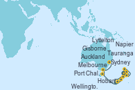 Visitando Auckland (Nueva Zelanda), Tauranga (Nueva Zelanda), Gisborne (Nueva Zelanda), Napier (Nueva Zelanda), Wellington (Nueva Zelanda), Lyttelton (Nueva Zelanda), Port Chalmers (Nueva Zelanda), Hobart (Australia), Melbourne (Australia), Sydney (Australia)