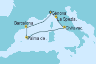 Visitando Génova (Italia), La Spezia, Florencia y Pisa (Italia), Civitavecchia (Roma), Palma de Mallorca (España), Barcelona, Génova (Italia)