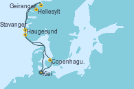 Visitando Kiel (Alemania), Copenhague (Dinamarca), Hellesylt (Noruega), Geiranger (Noruega), Haugesund (Noruega), Stavanger (Noruega), Kiel (Alemania)