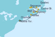Visitando Nueva York (Estados Unidos), Halifax (Canadá), Sydney (Nueva Escocia/Canadá), Charlottetown (Canadá), Corner Brook (Newfoundland/Canadá), Sept-Îles (Canadá), Saguenay (Canadá), Quebec (Canadá), Quebec (Canadá)
