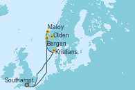 Visitando Southampton (Inglaterra), Bergen (Noruega), Olden (Noruega), Maloy (Noruega), Kristiansand (Noruega), Southampton (Inglaterra)