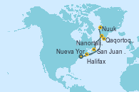 Visitando Nueva York (Estados Unidos), Halifax (Canadá), Nuuk (Groenlandia), Qaqortoq, Greeland, San Juan de Terranova (Canadá), Nueva York (Estados Unidos)