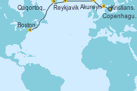 Visitando Copenhague (Dinamarca), Kristiansand (Noruega), Akureyri (Islandia), Reykjavik (Islandia), Reykjavik (Islandia), Qaqortoq, Greeland, Boston (Massachusetts)