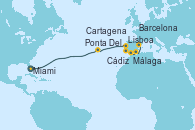 Visitando Miami (Florida/EEUU), Ponta Delgada (Azores), Lisboa (Portugal), Cádiz (España), Málaga, Cartagena (Murcia), Barcelona