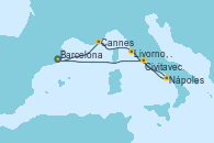 Visitando Barcelona, Cannes (Francia), Livorno, Pisa y Florencia (Italia), Nápoles (Italia), Civitavecchia (Roma), Barcelona